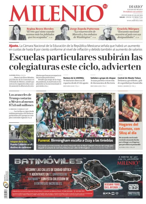 Portada de Milenio Edo de Mexico del jueves, 31 de julio de 2025