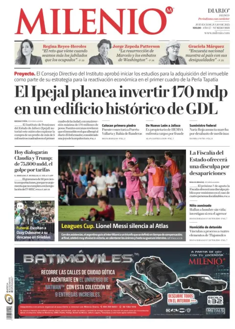 Portada de Milenio Jalisco del jueves, 31 de julio de 2025