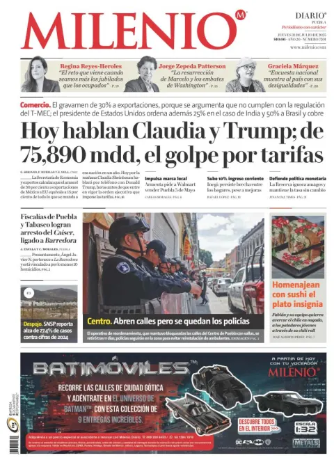 Portada de Milenio Puebla del jueves, 31 de julio de 2025