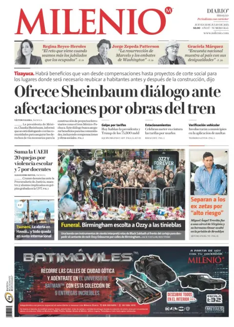 Portada de Milenio Hidalgo del jueves, 31 de julio de 2025