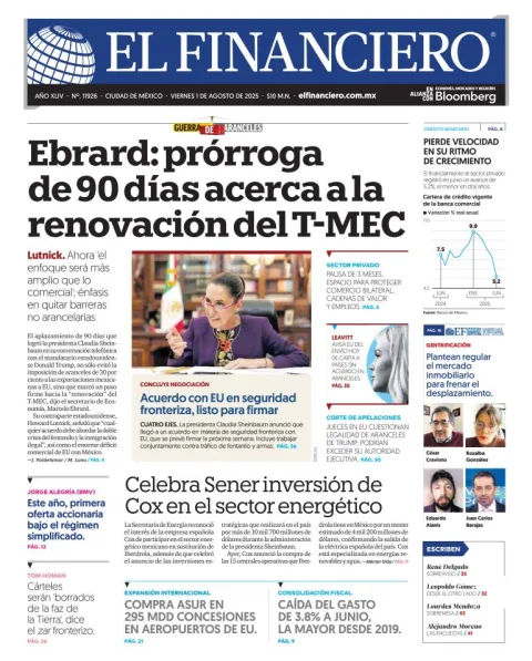 Portada de El Financiero del viernes, 1 de agosto de 2025