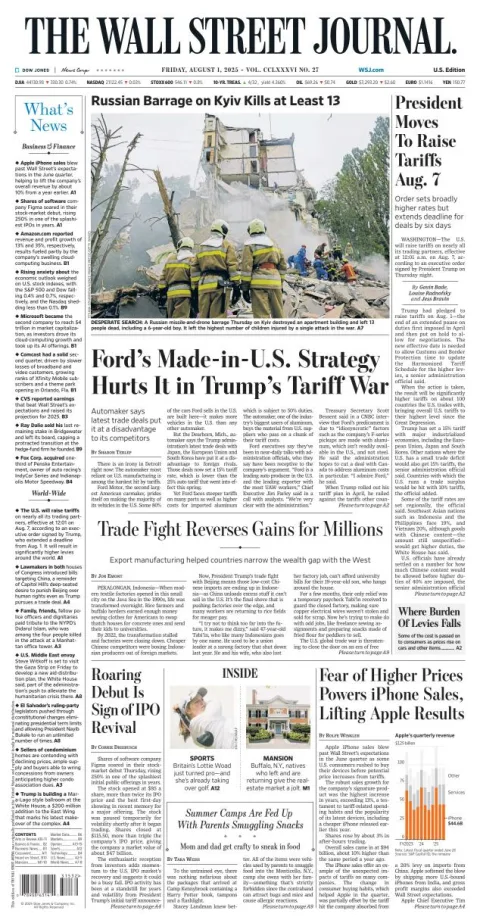 Portada de The Wall Street Journal del viernes, 1 de agosto de 2025