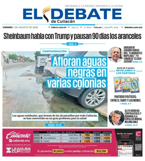 Portada de El Debate de Culiacan del viernes, 1 de agosto de 2025