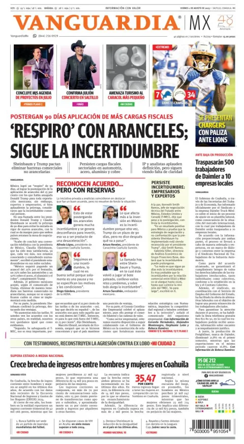 Portada de Vanguardia del viernes, 1 de agosto de 2025