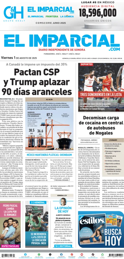 Portada de El Imparcial del viernes, 1 de agosto de 2025