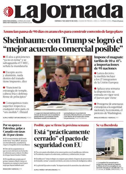 Portada de La Jornada del viernes, 1 de agosto de 2025