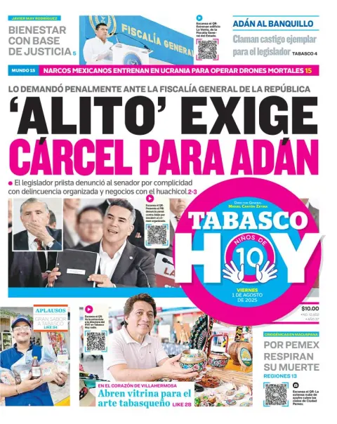 Portada de Tabasco Hoy del viernes, 1 de agosto de 2025