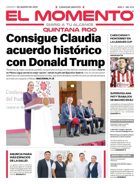 Portada de El Momento Quintana Roo del viernes, 1 de agosto de 2025