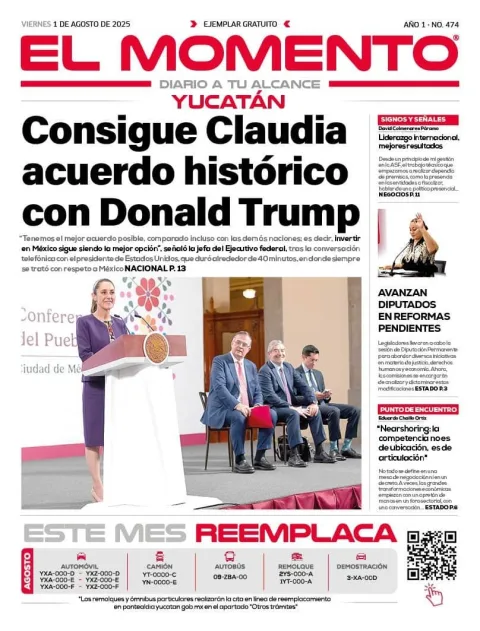 Portada de El Momento Yucatan del viernes, 1 de agosto de 2025