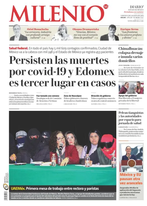 Portada de Milenio Edo de Mexico del viernes, 1 de agosto de 2025