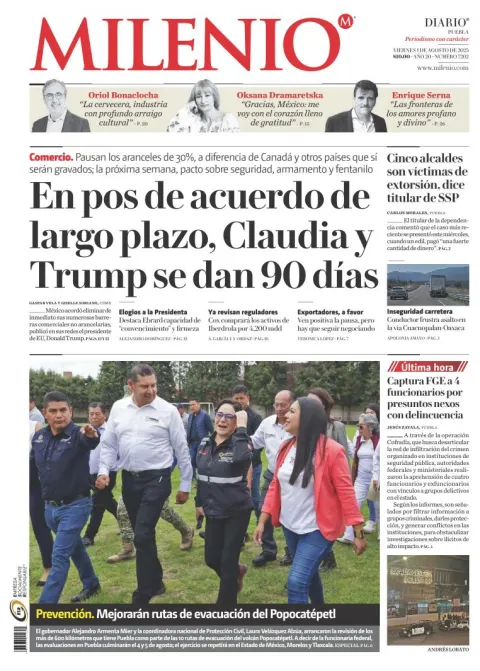 Portada de Milenio Puebla del viernes, 1 de agosto de 2025