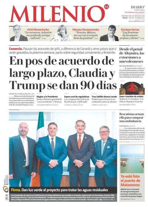 Portada de Milenio Tamaulipas del viernes, 1 de agosto de 2025