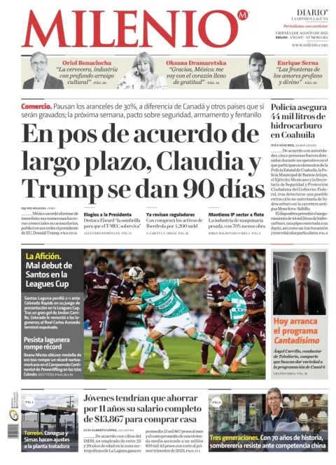 Portada de Milenio Laguna del viernes, 1 de agosto de 2025