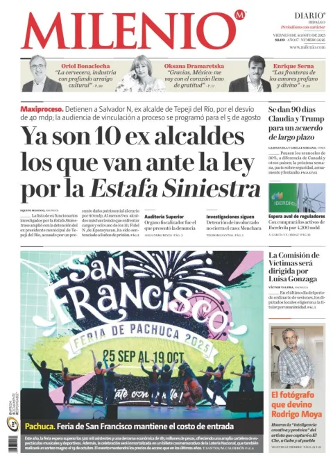 Portada de Milenio Hidalgo del viernes, 1 de agosto de 2025