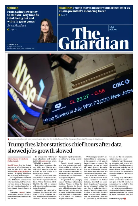 Portada de The Guardian (usa) del 2025-08-02
