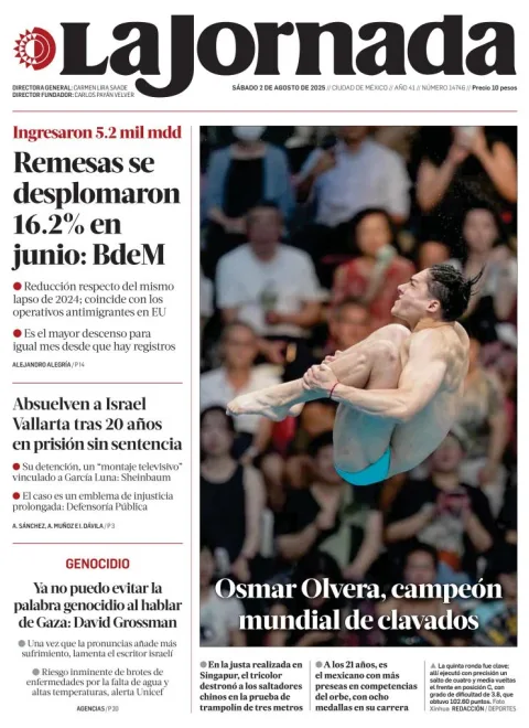 Portada de La Jornada del sábado, 2 de agosto de 2025