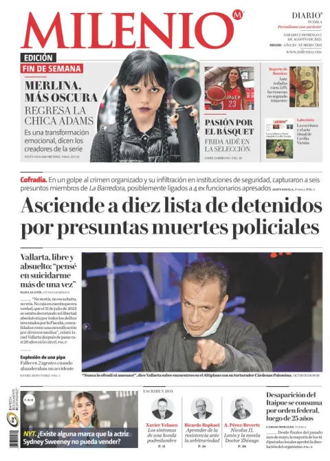 Portada de Milenio Puebla del sábado, 2 de agosto de 2025