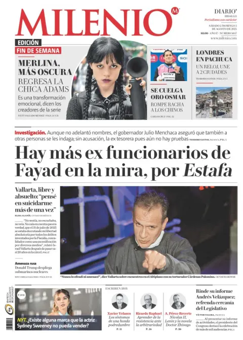 Portada de Milenio Hidalgo del sábado, 2 de agosto de 2025