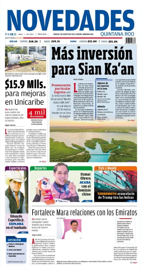 Portada de Novedades Quintana Roo del sábado, 2 de agosto de 2025
