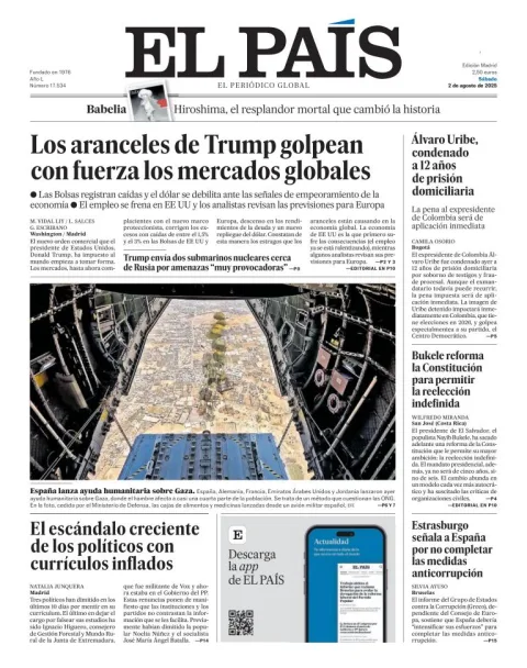 Portada de El Pais del sábado, 2 de agosto de 2025