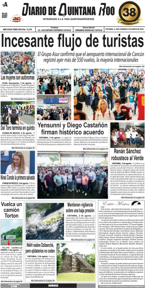 Portada de Diario de Quintana Roo (portada) del domingo, 3 de agosto de 2025
