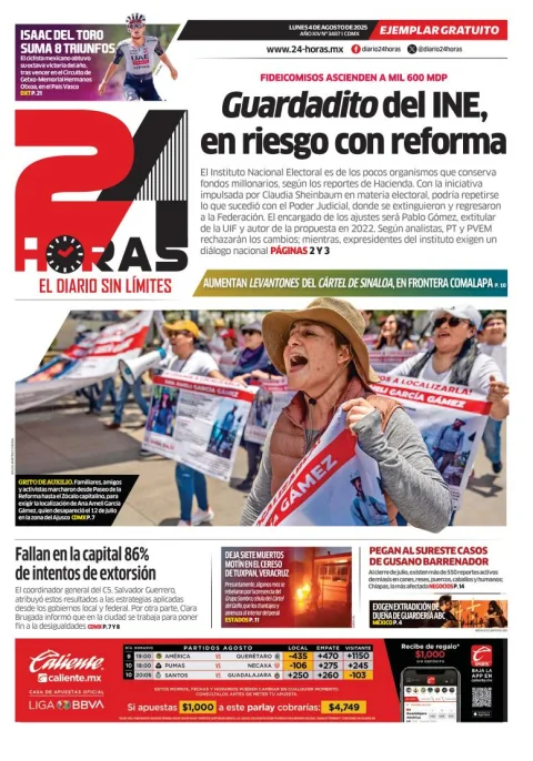Portada de 24 Horas del lunes, 4 de agosto de 2025