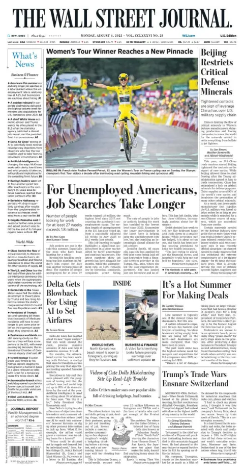 Portada de The Wall Street Journal del lunes, 4 de agosto de 2025