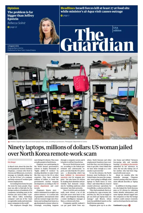 Portada de The Guardian (usa) del lunes, 4 de agosto de 2025