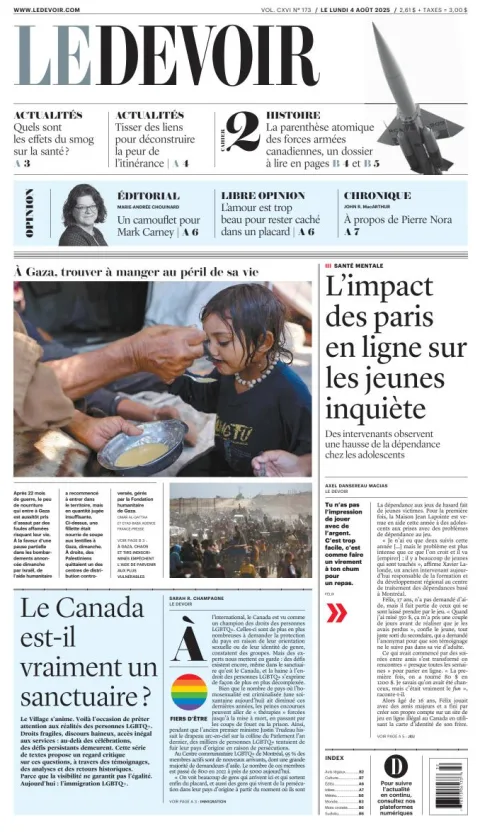 Portada de Le Devoir del lunes, 4 de agosto de 2025