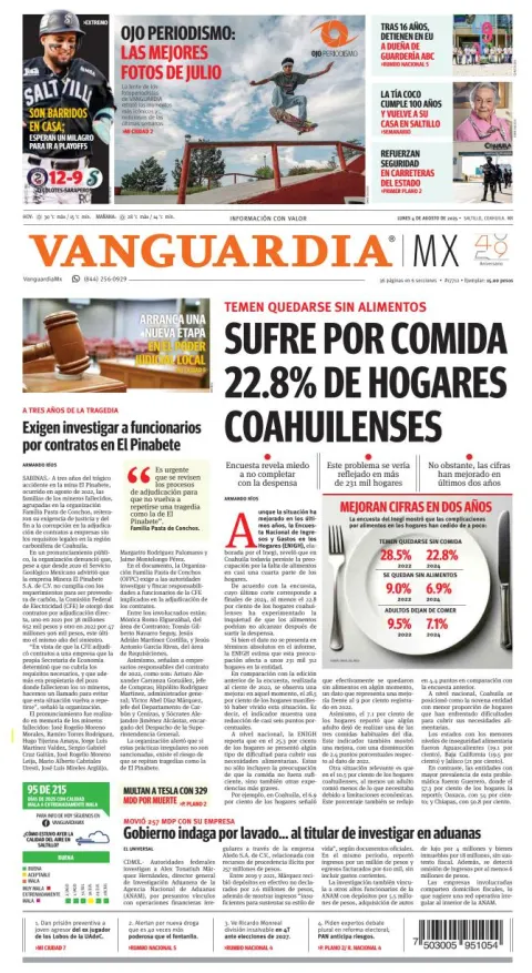 Portada de Vanguardia del lunes, 4 de agosto de 2025