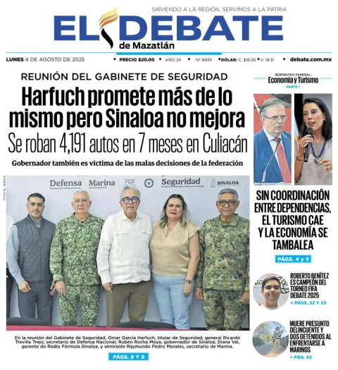 Portada de El Debate de Mazatlan del lunes, 4 de agosto de 2025