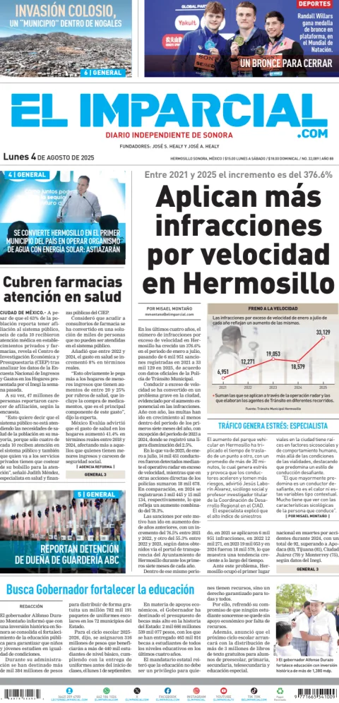 Portada de El Imparcial del lunes, 4 de agosto de 2025