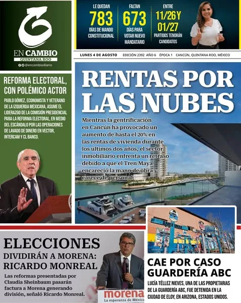 Portada de En Cambio - Quintana Roo (portada) del lunes, 4 de agosto de 2025