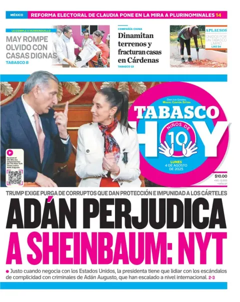 Portada de Tabasco Hoy del lunes, 4 de agosto de 2025