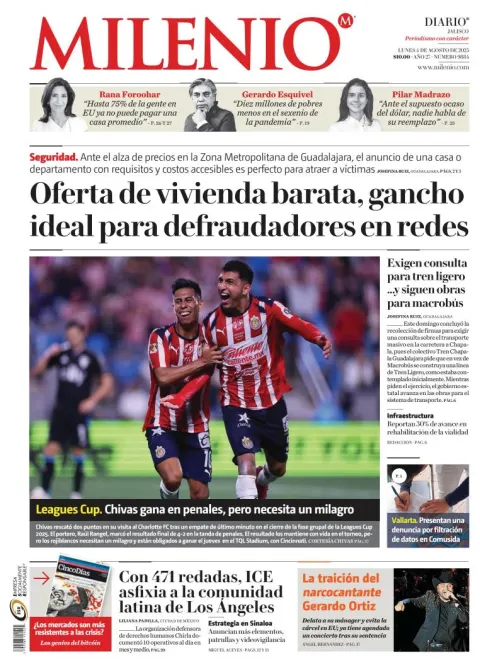 Portada de Milenio Jalisco del lunes, 4 de agosto de 2025
