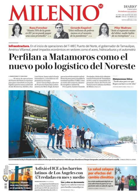 Portada de Milenio Tamaulipas del lunes, 4 de agosto de 2025
