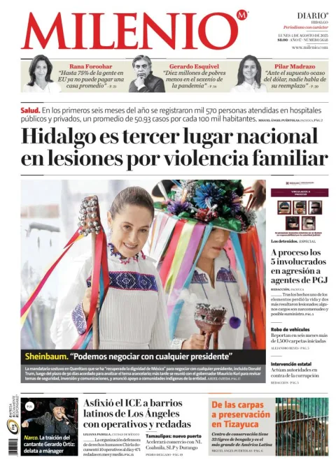 Portada de Milenio Hidalgo del lunes, 4 de agosto de 2025