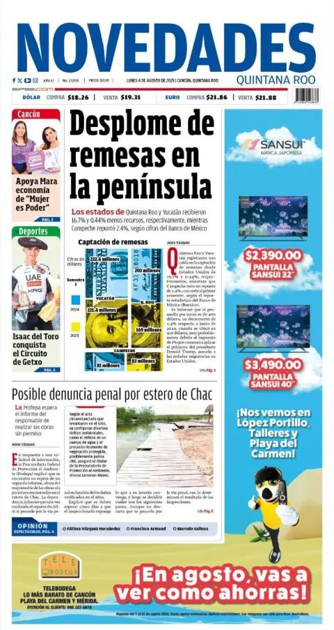 Portada de Novedades Quintana Roo del lunes, 4 de agosto de 2025