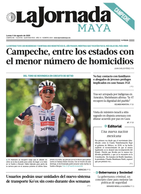Portada de La Jornada Maya Campeche del lunes, 4 de agosto de 2025