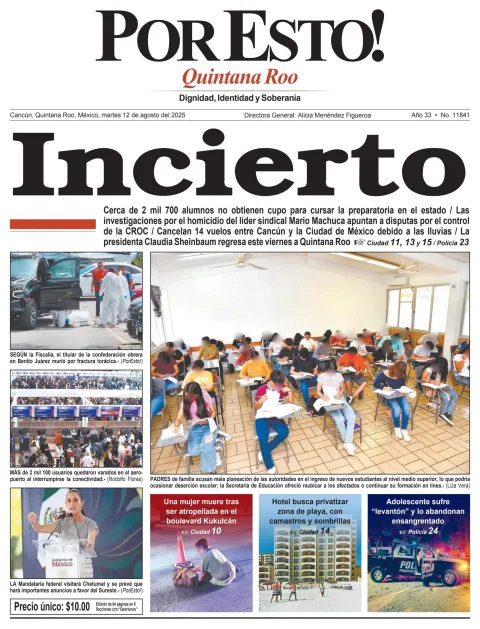 Portada de Por Esto (quintana Roo Cancun) del martes, 12 de agosto de 2025
