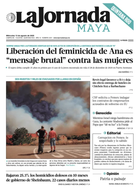Portada de La Jornada Maya Quintana Roo del miércoles, 13 de agosto de 2025