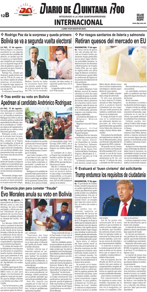 Portada de Diario de Quintana Roo (contra Portada)