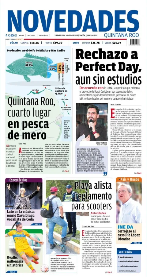Portada de Novedades Quintana Roo del viernes, 22 de agosto de 2025