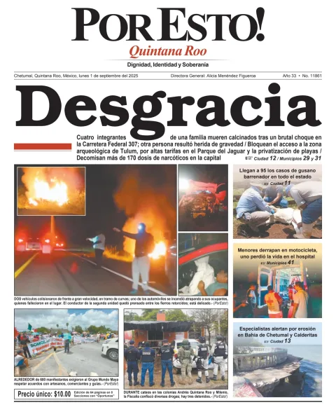Portada de Por Esto (quintana Roo Chetumal) del lunes, 1 de septiembre de 2025
