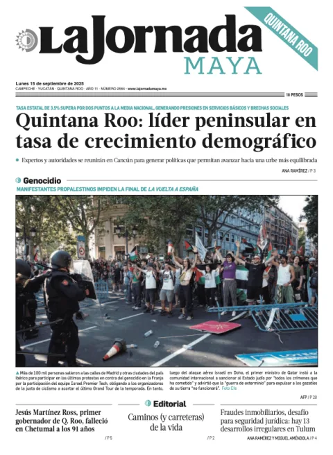 Portada de La Jornada Maya Quintana Roo del lunes, 15 de septiembre de 2025