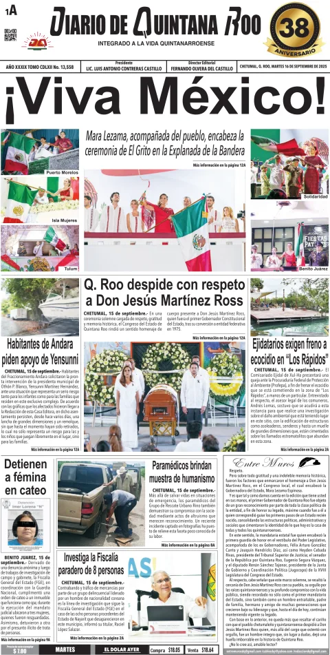 Portada de Diario de Quintana Roo (portada) del martes, 16 de septiembre de 2025