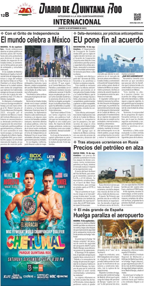 Portada de Diario de Quintana Roo (contra Portada) del martes, 16 de septiembre de 2025
