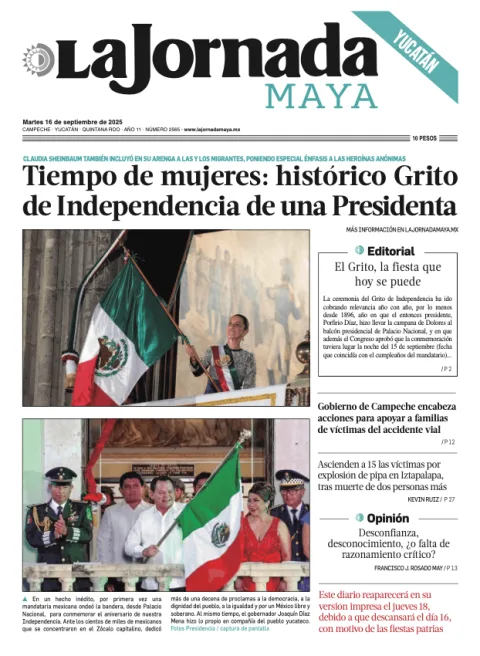 Portada de La Jornada Maya Yucatán del martes, 16 de septiembre de 2025
