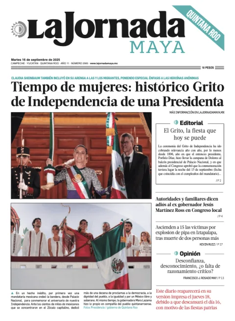 Portada de La Jornada Maya Quintana Roo del martes, 16 de septiembre de 2025