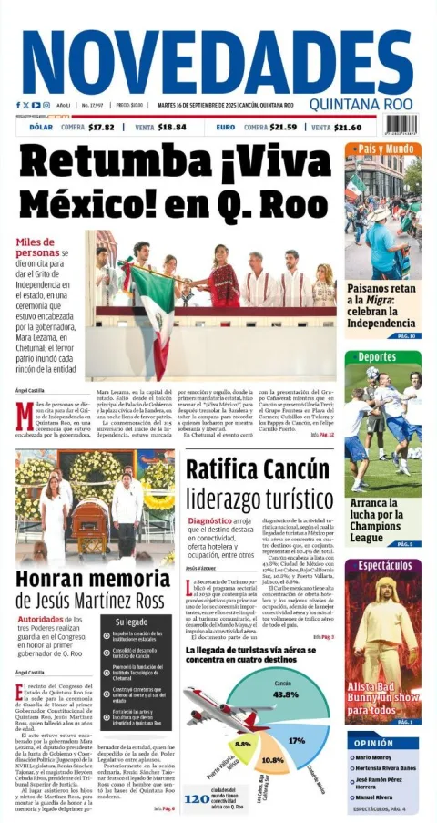 Portada de Novedades Quintana Roo del martes, 16 de septiembre de 2025
